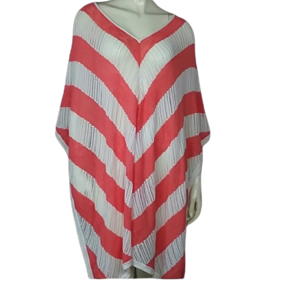 Chico's Coral striped loose knit poncho one size - Picture 2 of 9